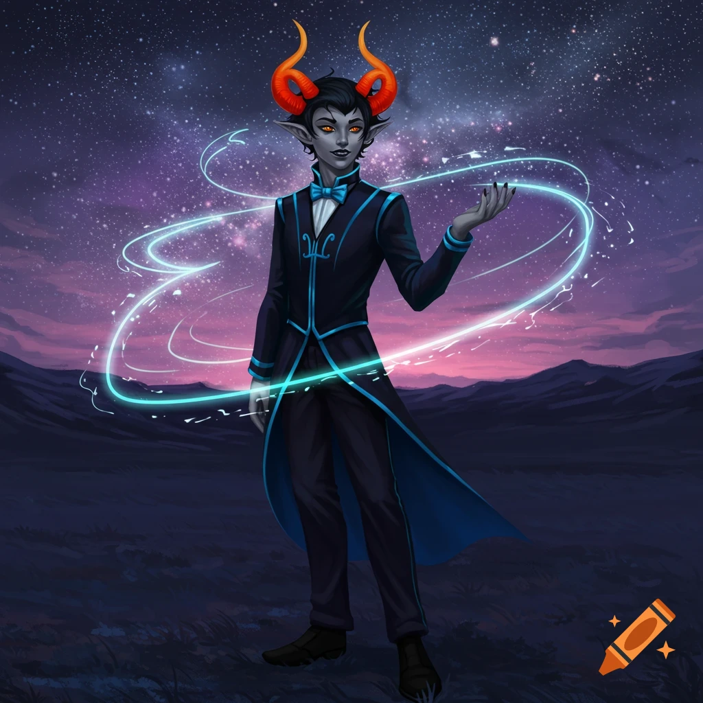 Grey-skinned humanoid with orange horns, dark suit, and glowing eyes, stands in a starry landscape with blue magical energy.