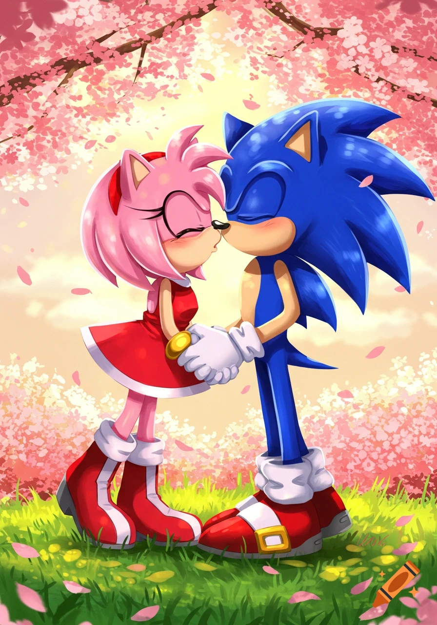 Sonic and Amy Rose share a tender kiss under a canopy of pink cherry blossoms in a vibrant cartoon style.