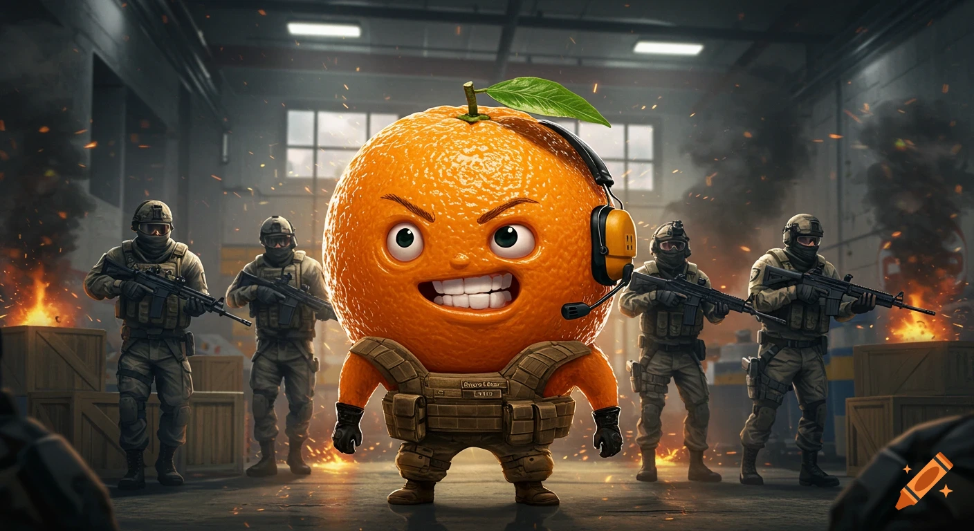 An angry cartoon orange in a tactical vest with a headset, flanked by armed soldiers in a smoky warehouse combat scene.