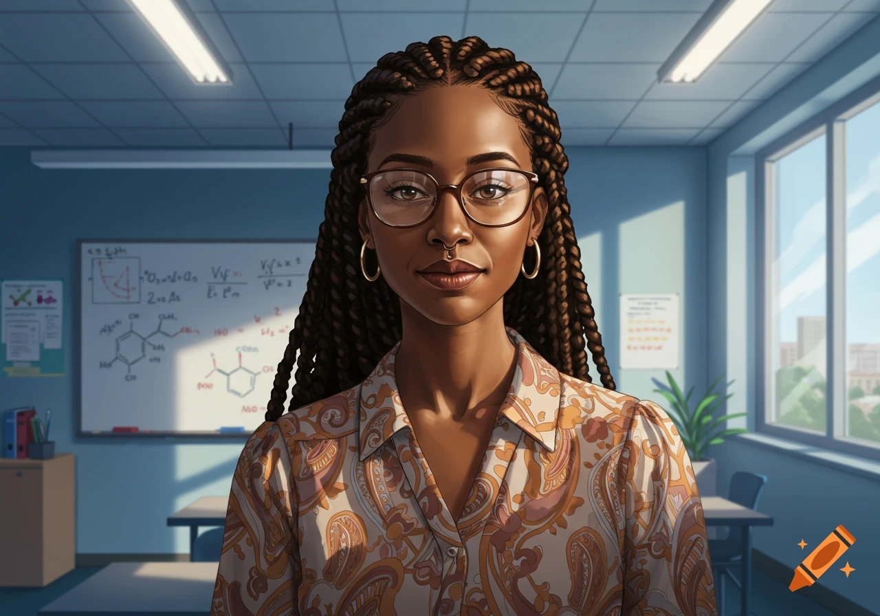 Portrait of a Black woman with braided hair and glasses in a classroom with a whiteboard.