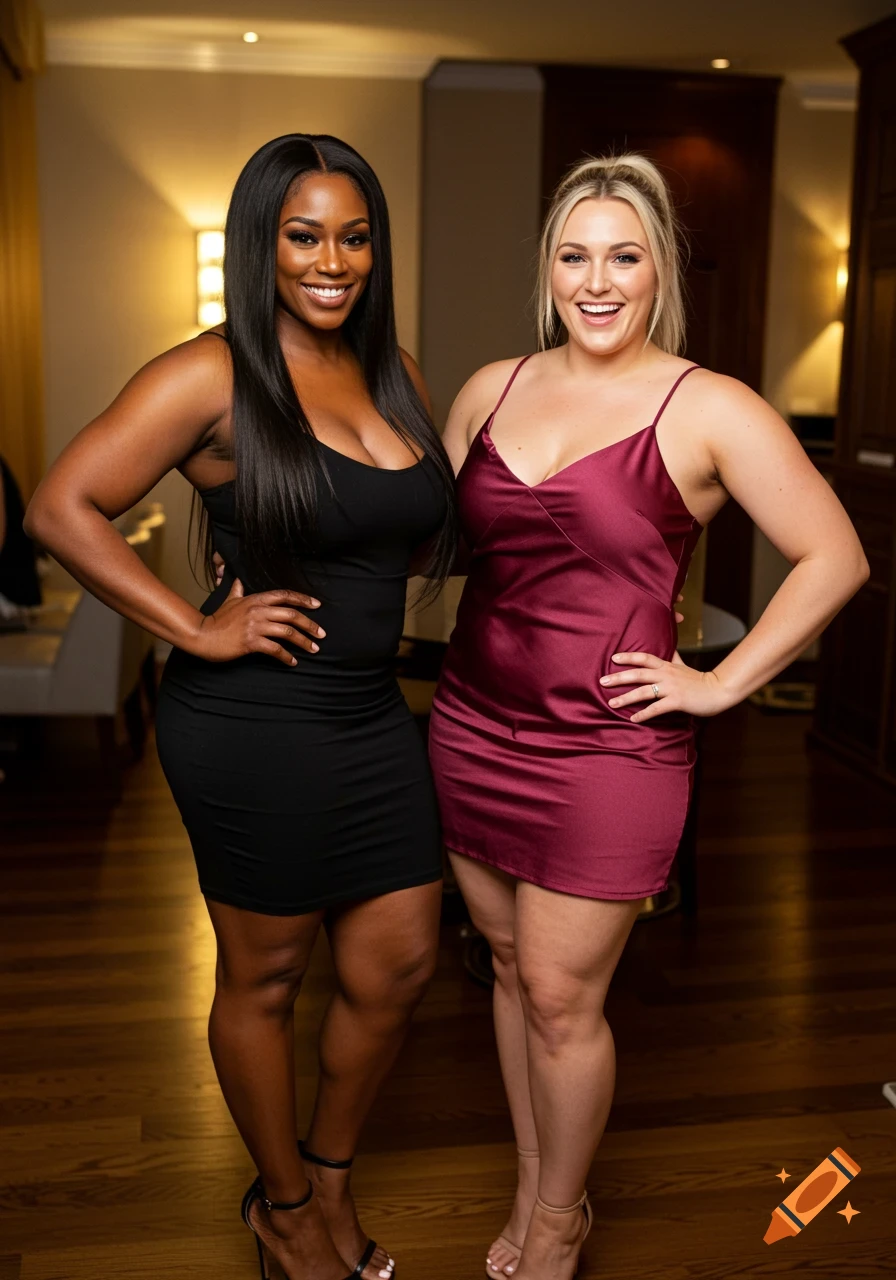 Two smiling women, one in a black dress and one in a reddish-purple slip dress, pose indoors.