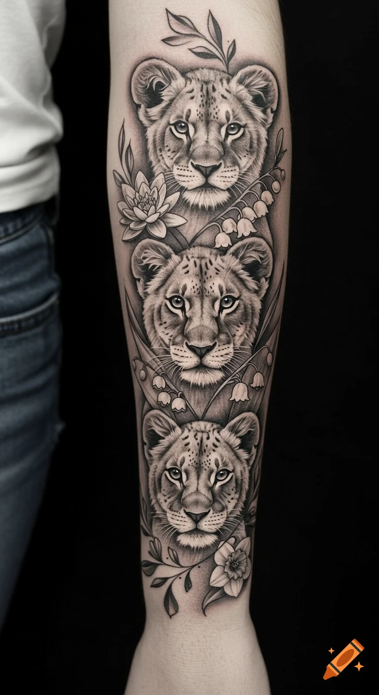 Detailed black-and-white tattoo on a forearm featuring three lion cub faces stacked vertically, adorned with waterlilies, lilies of the valley, daffodils, and graceful vines and leaves.