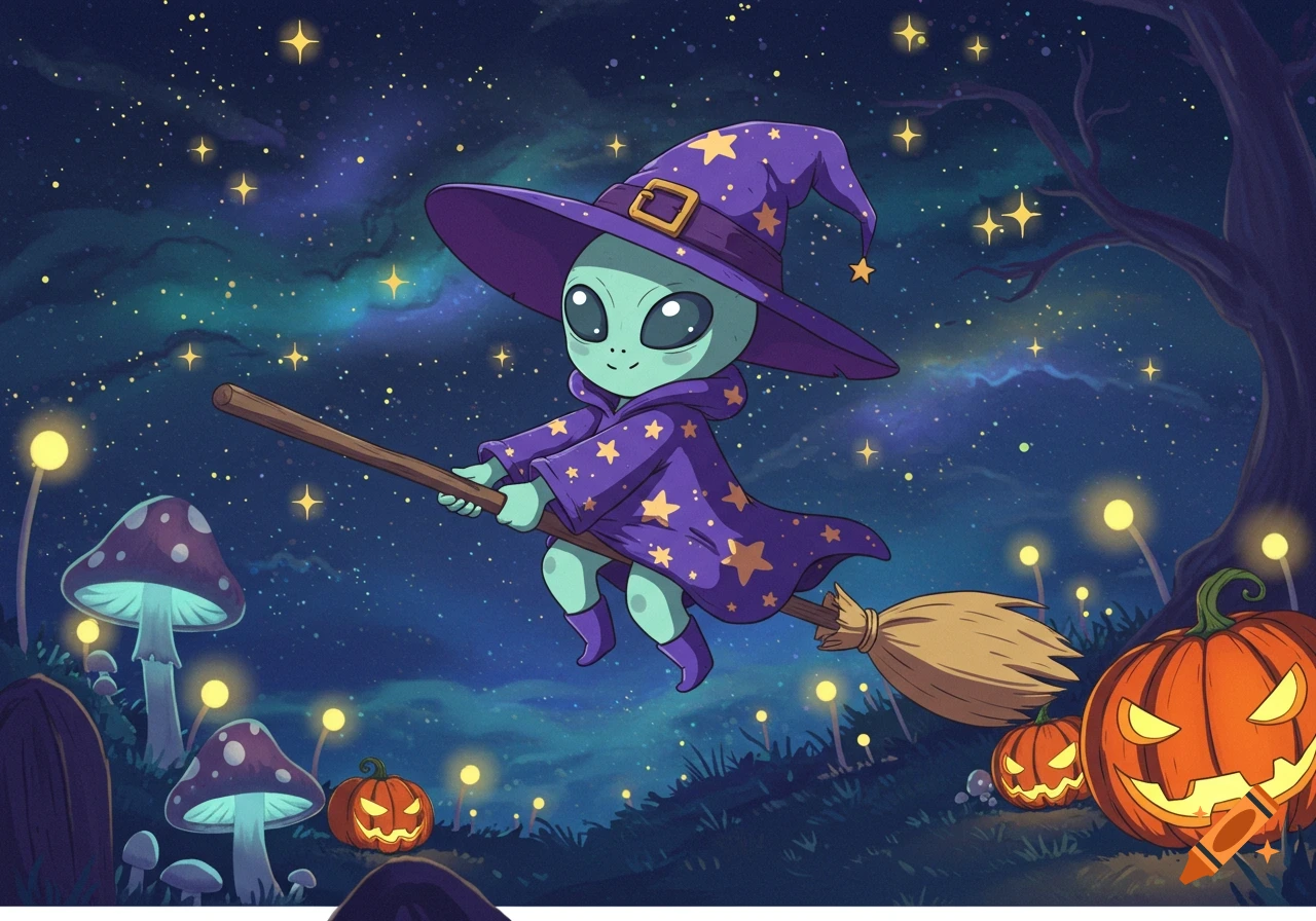 A cute green alien dressed as a witch flies on a broomstick under a starry night sky, with glowing mushrooms and jack-o'-lanterns below.