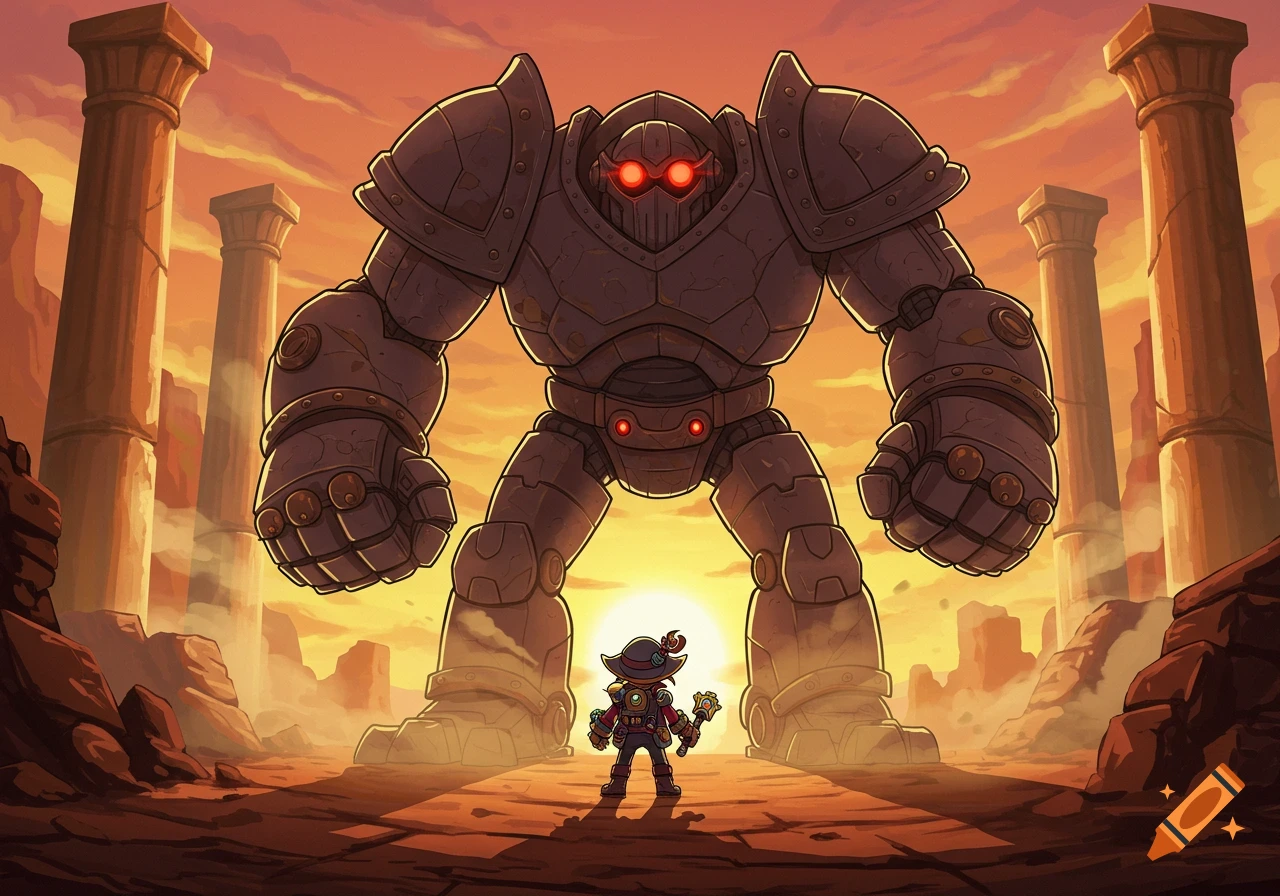 A small cartoon adventurer confronts a towering stone golem boss in ancient ruins at sunset, in a game art style.
