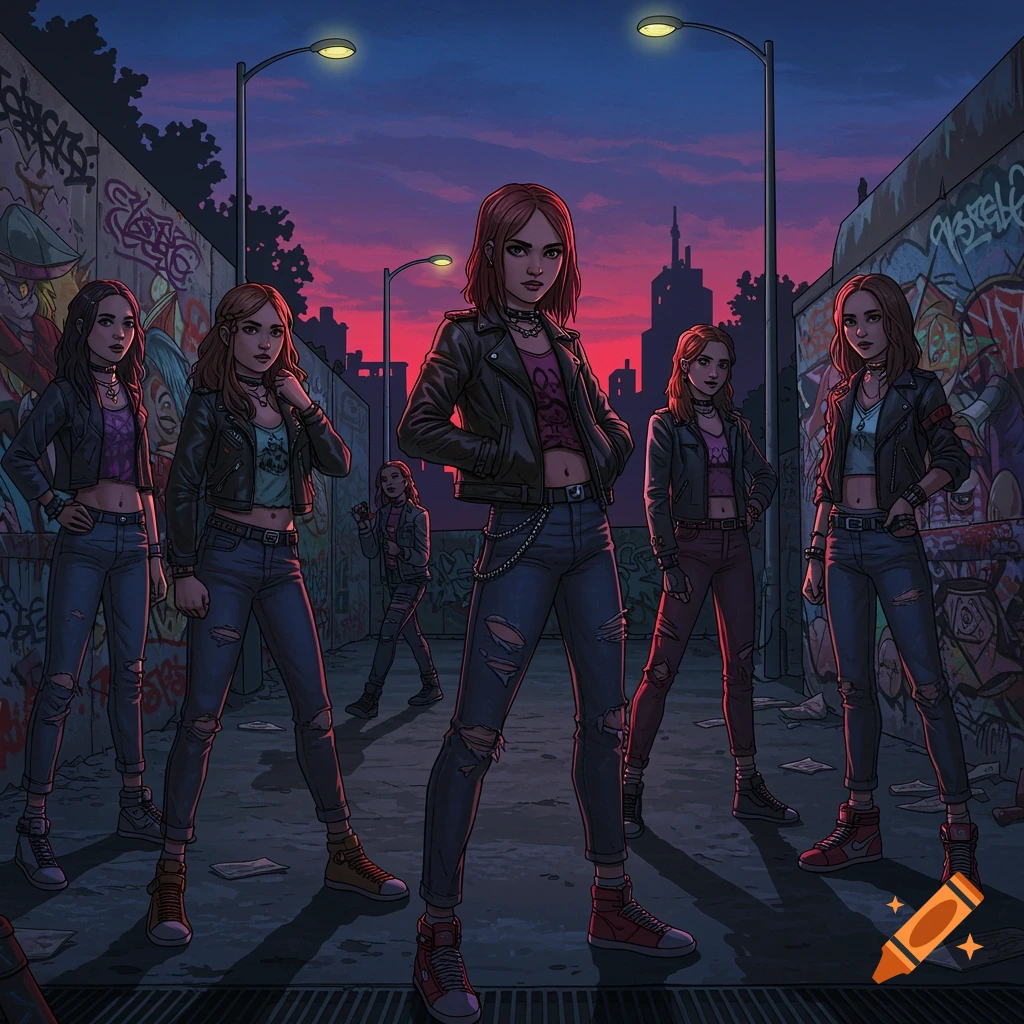 Group of young women in punk/alt fashion standing confidently in a graffiti-covered alleyway at dusk, comic book style.