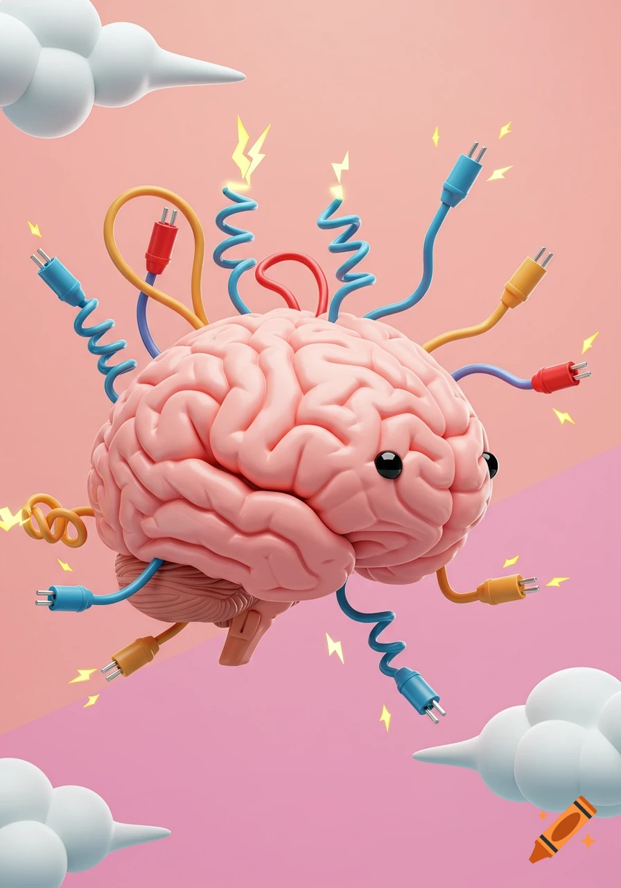 Cartoon human brain with googly eyes and colorful wires sparking with lightning on a pink background with clouds.