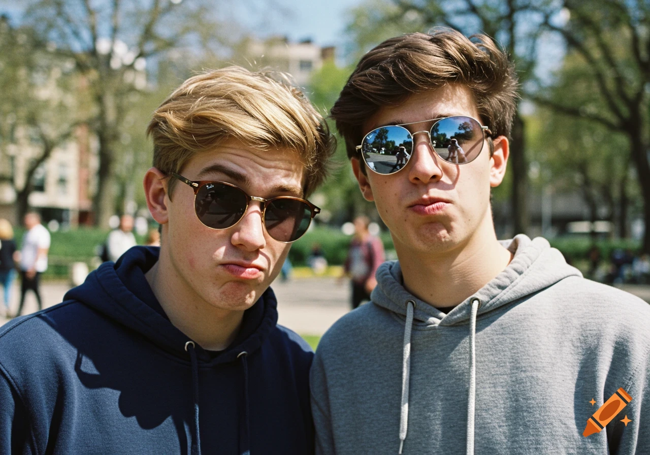 Two young men in hoodies and sunglasses make pouty faces outdoors on a sunny day.