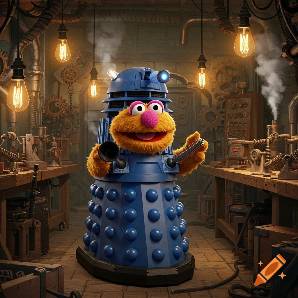 An orange, fuzzy Animal Muppet in a blue Dalek casing holds a plunger and a weapon in a steampunk workshop with glowing lightbulbs.