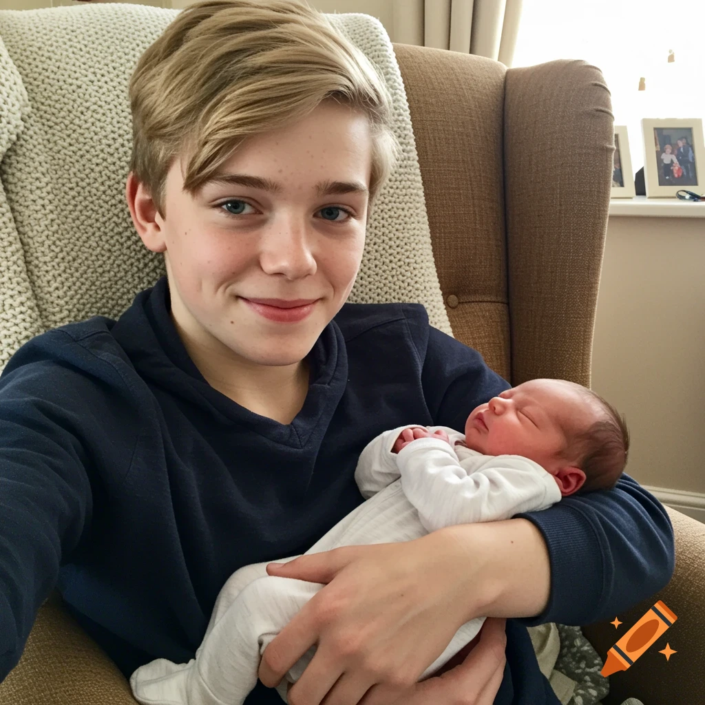 A smiling blonde boy in a dark hoodie sits in an armchair, gently holding a sleeping newborn baby dressed in a white onesie.