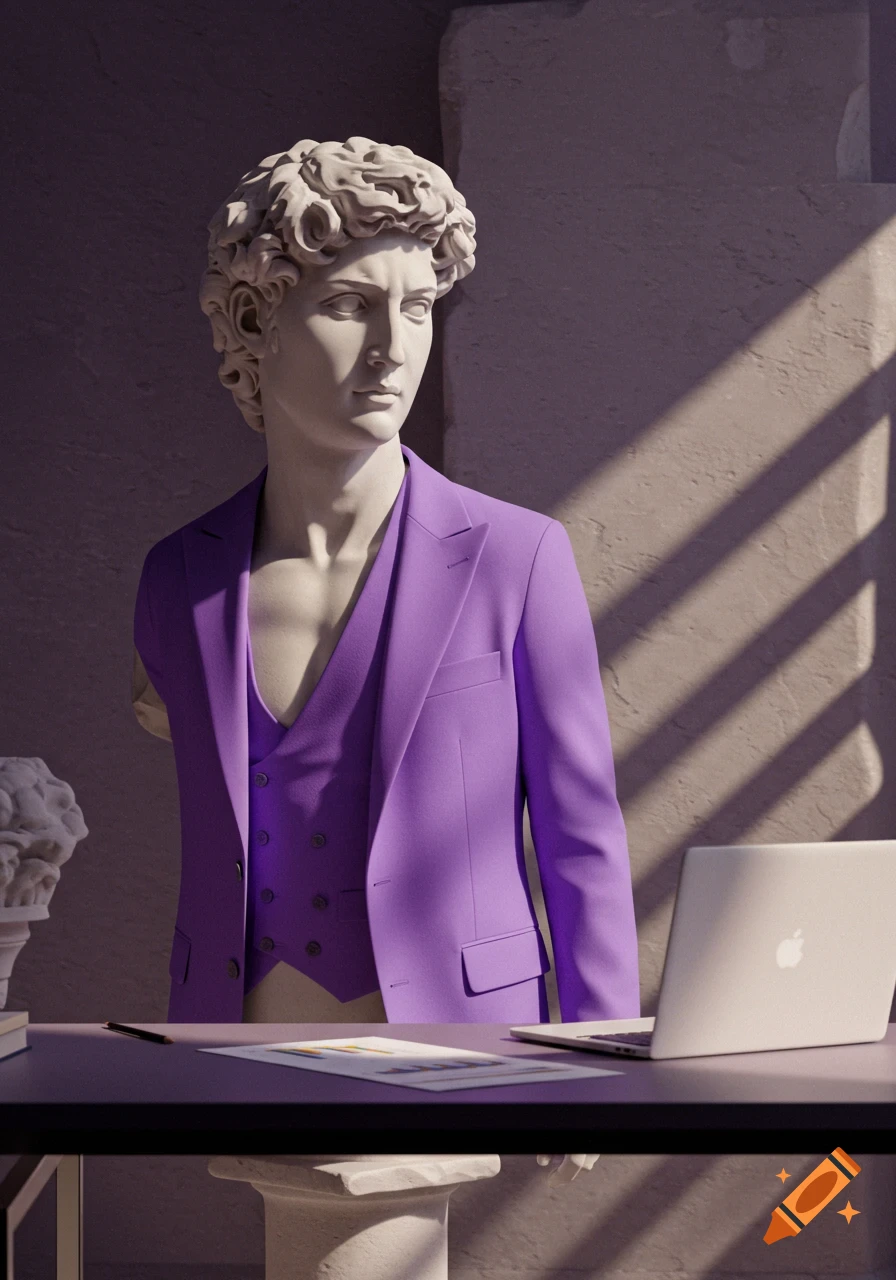 Photorealistic image of a marble statue of a classical young man in a purple suit at a desk with a laptop.