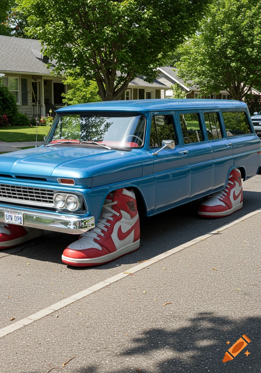A blue vintage Chevy Suburban car parked on a suburban street, with large red and white high-top sneakers instead of wheels.