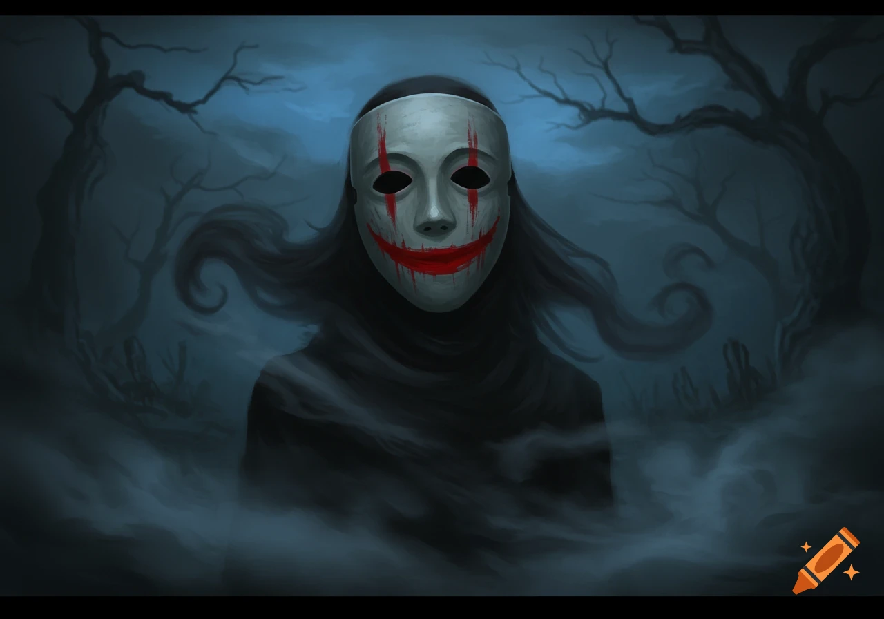 A shadowy figure in a dark, misty forest wears a white mask with a red, blood-painted smile.