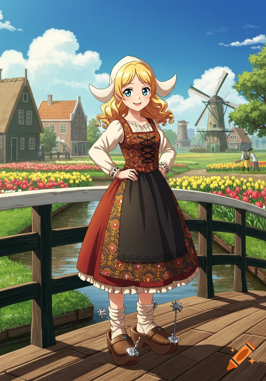 Anime girl in traditional Dutch dress and clogs stands on a bridge in a tulip field with windmills.