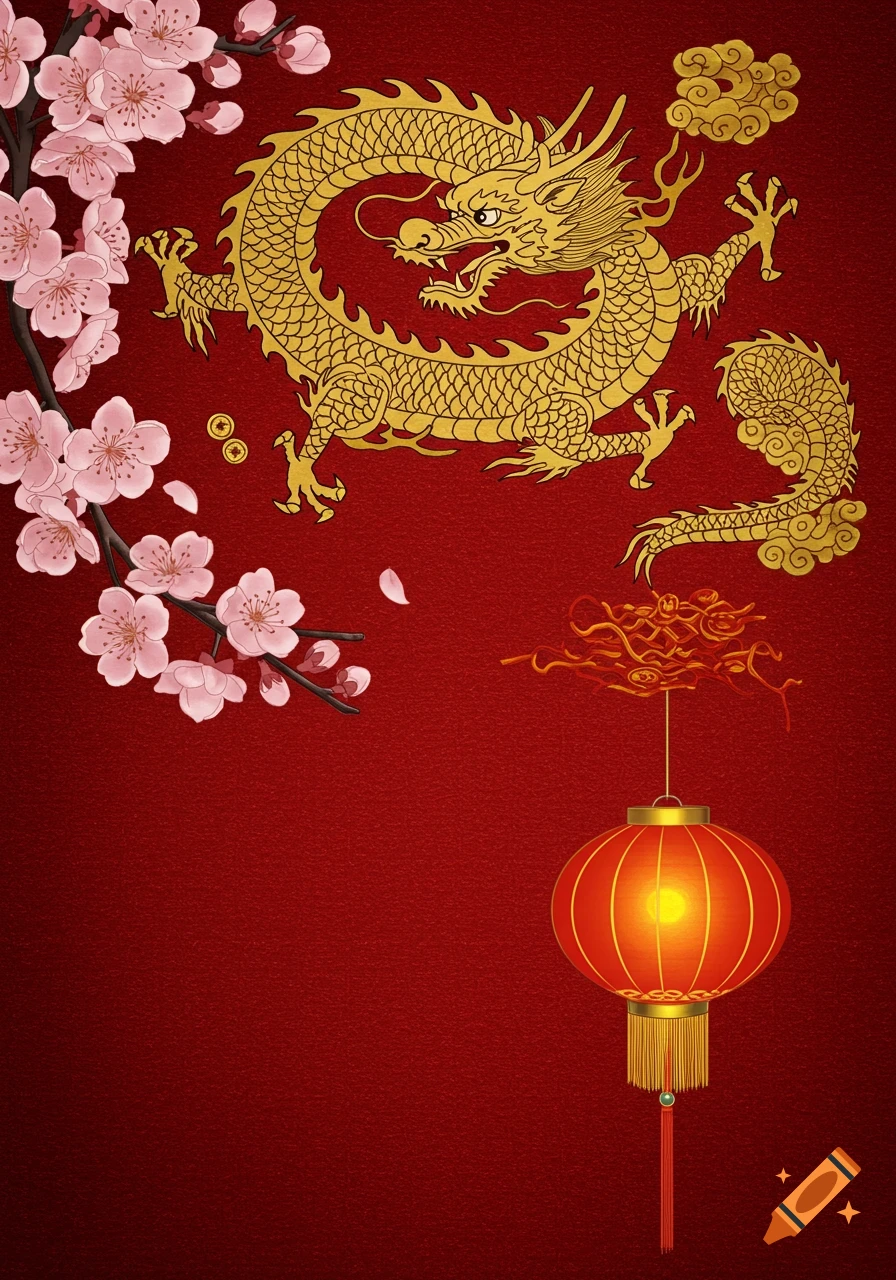 A golden Chinese dragon and pink cherry blossoms on a branch on a red background with a glowing red lantern.