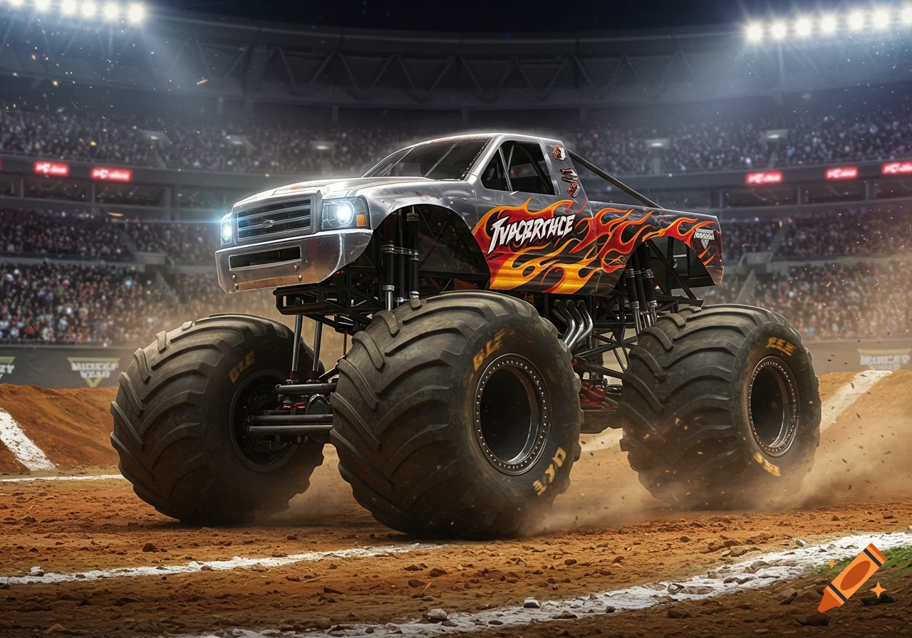Photorealistic monster truck with flames on its side driving on a dirt track in a brightly lit stadium full of spectators.