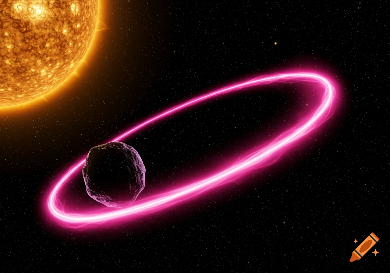 A dark comet with a bright pink glowing trail orbits a vibrant sun in a star-filled cosmic scene.