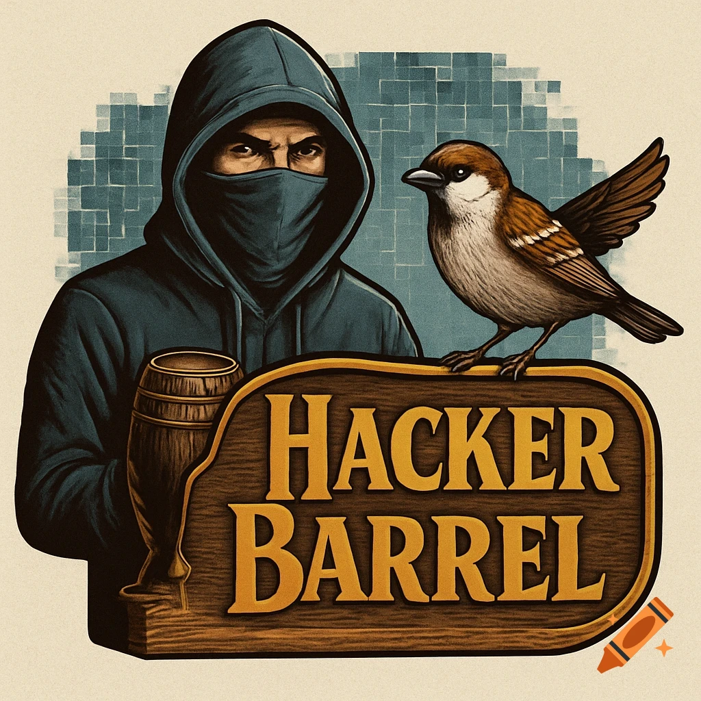 An illustration of a hooded hacker next to a barrel and a sparrow perched on a wooden sign that reads "HACKER BARREL."