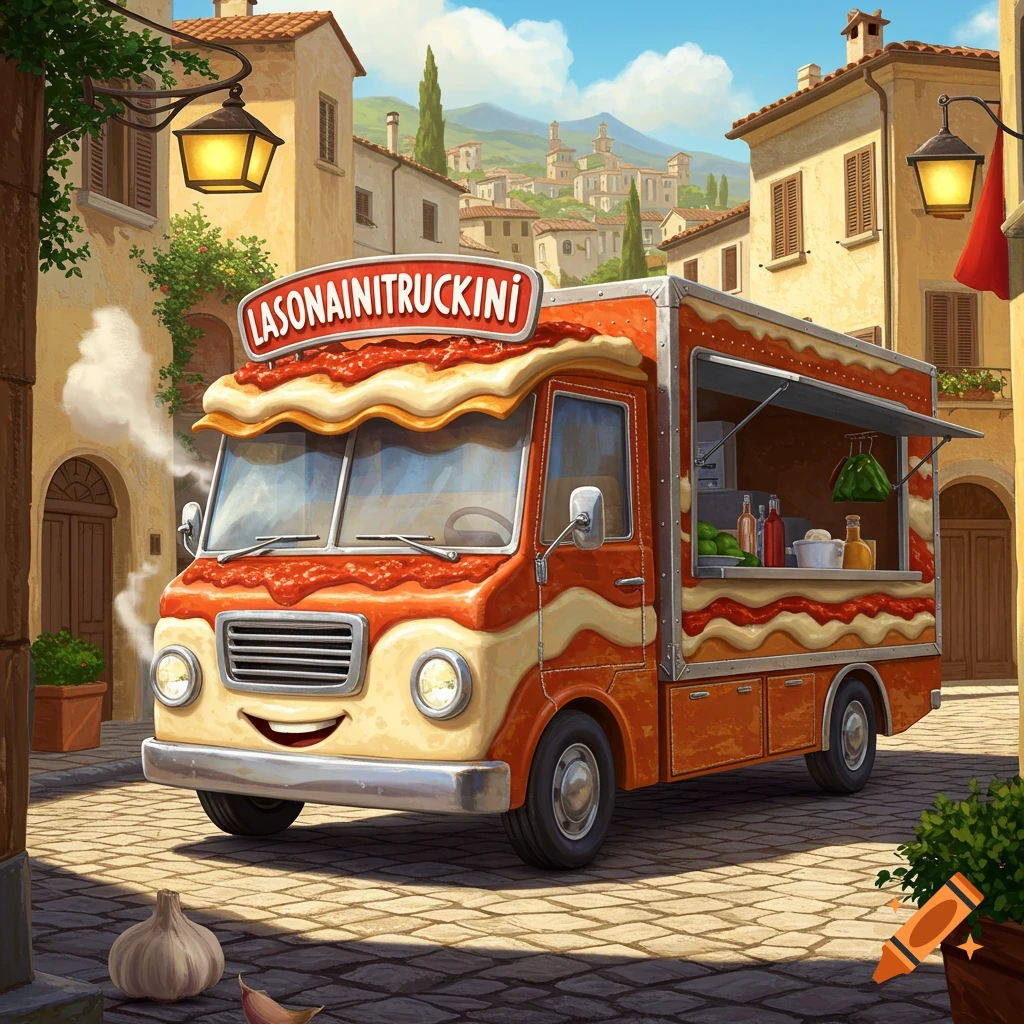 A smiling cartoon lasagna food truck, orange and cream, parked on a cobblestone street in a sunny Italian town with buildings and hills in the background.