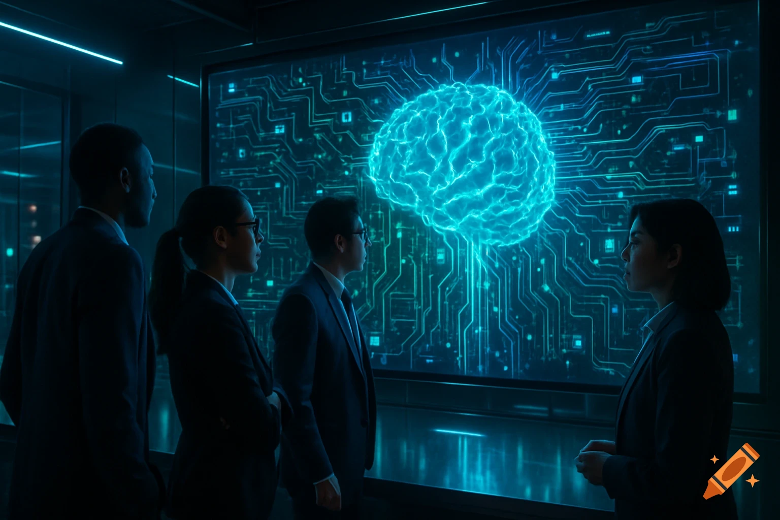 Four business professionals in suits observe a glowing blue brain on a large display screen, surrounded by circuit patterns, in a dark, high-tech room.