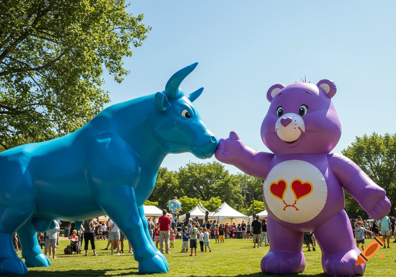 A large blue inflatable bull and a purple inflatable Care Bear touching noses at an outdoor festival.