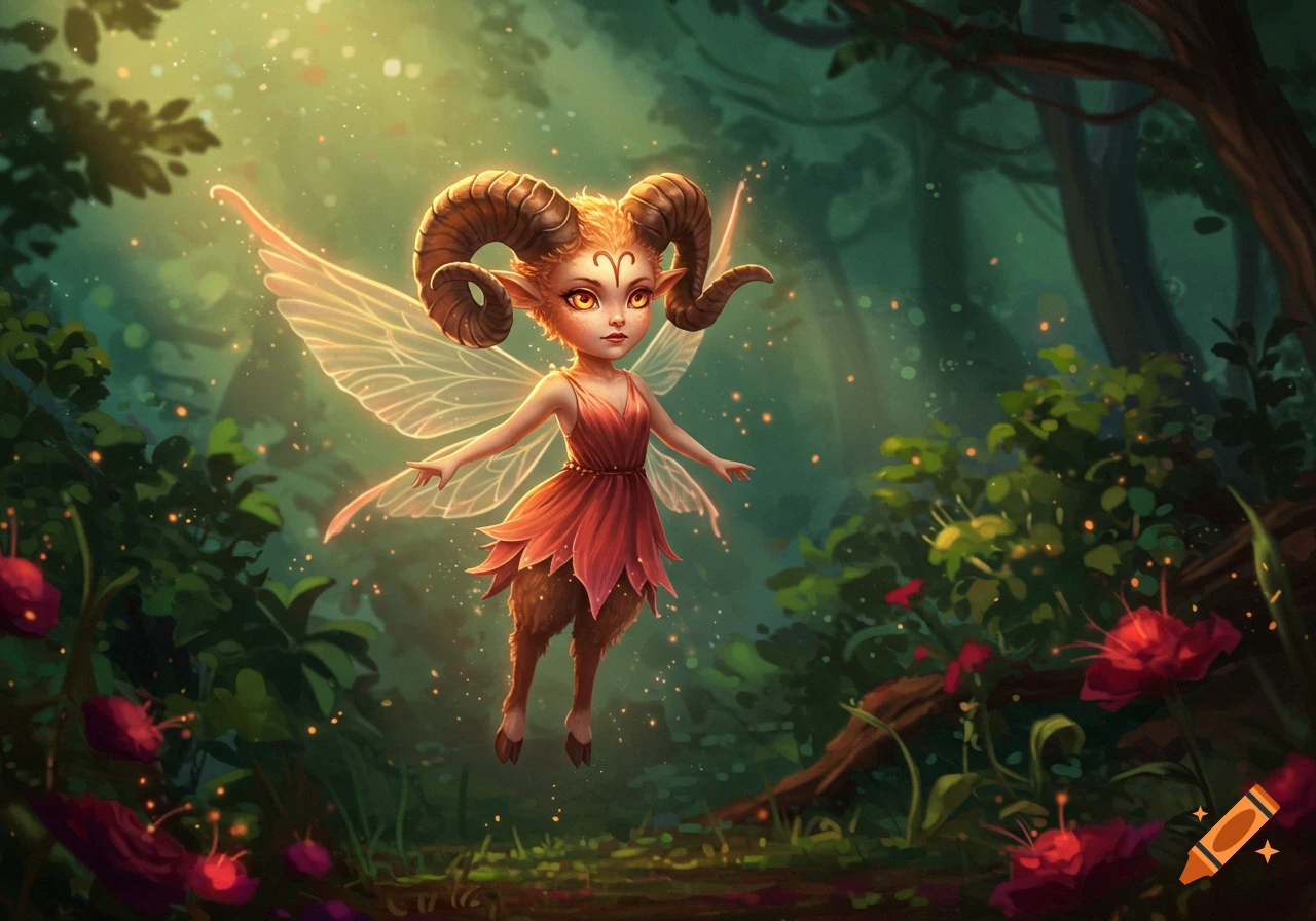 A cute, stylized pixie-faun creature with ram horns and glowing wings floats in an enchanted forest.
