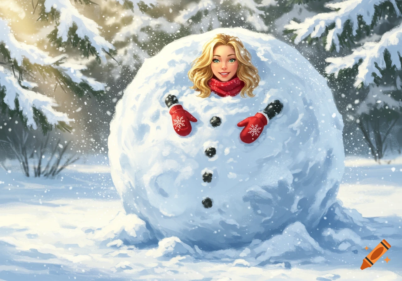 Whimsical illustration of a smiling blonde woman with red scarf and mittens emerging from a giant snowball in a snowy forest.