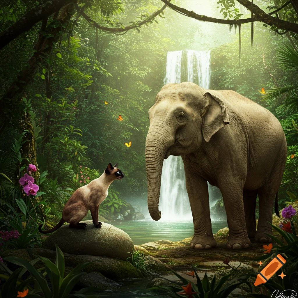 A photorealistic image of a Siamese cat on a rock looking at an elephant in a lush jungle with a waterfall and sunlight.