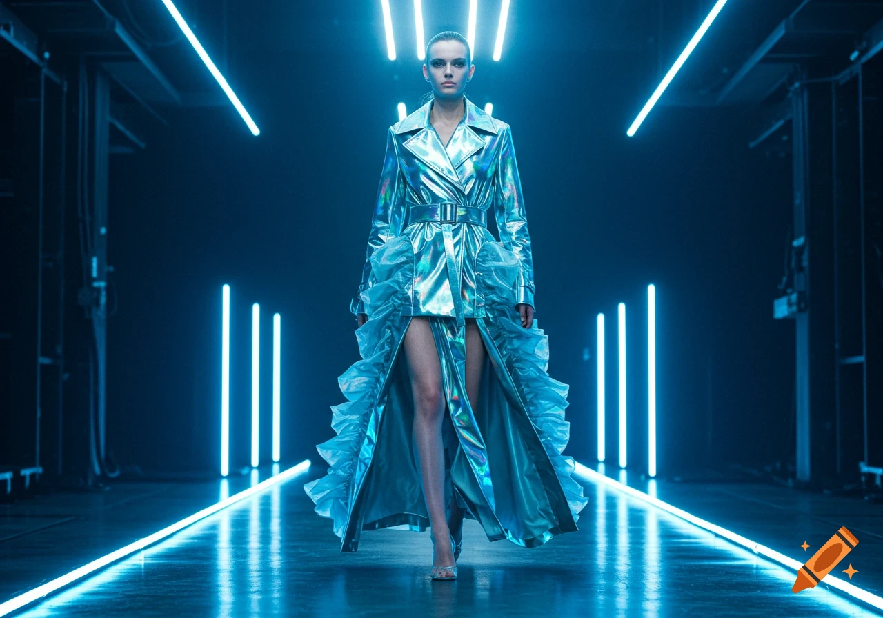 A woman in a shiny blue and silver futuristic trench coat walks on a dark runway lit by neon blue lights.