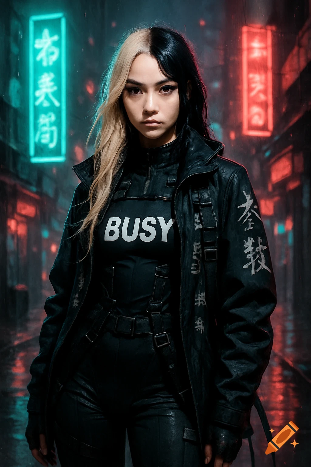 A woman with split blonde and black hair wears a black tactical outfit with "BUSY" on her shirt in a rainy cyberpunk city street with neon signs.