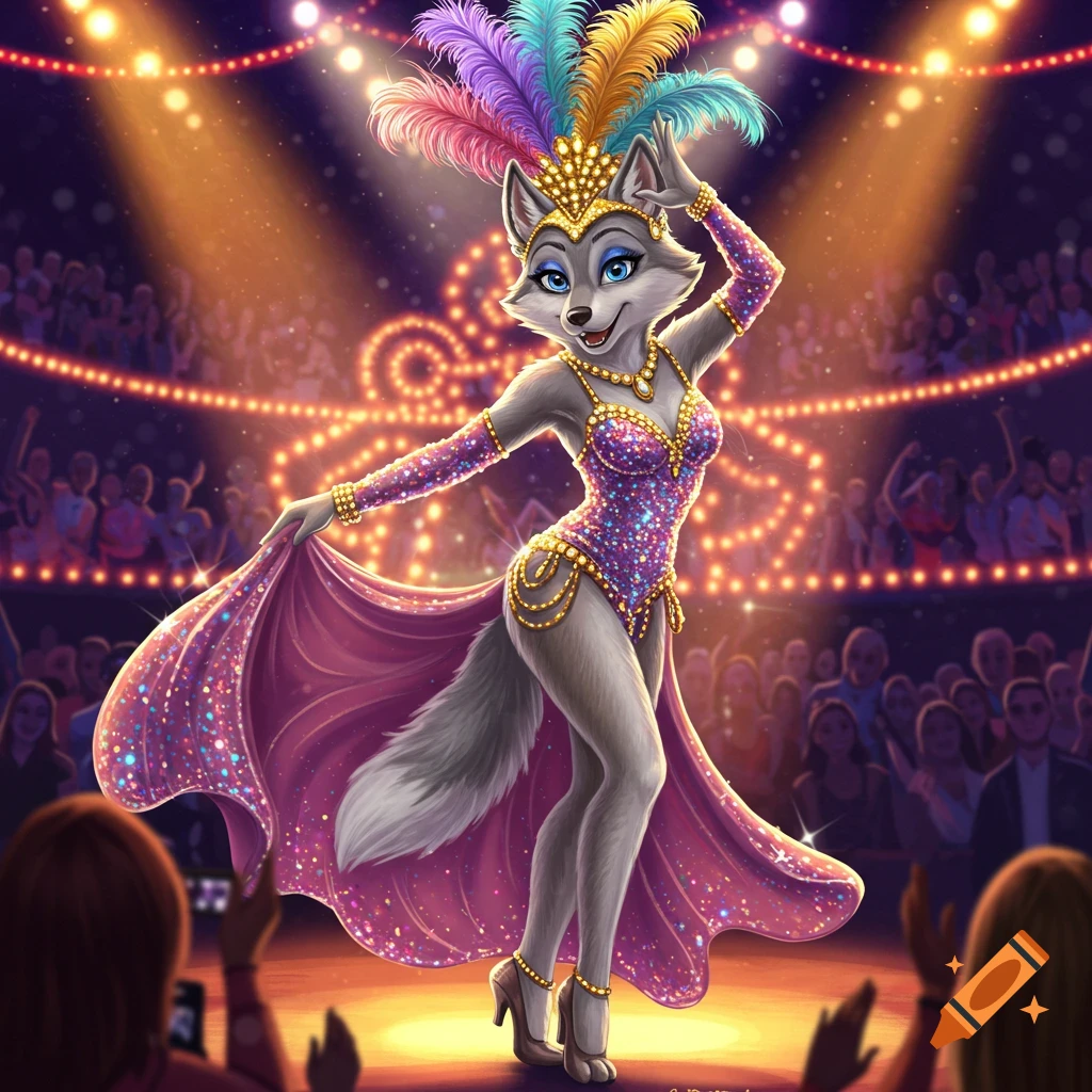 Vibrant cartoon drawing of an anthropomorphic female wolf in a sparkly purple showgirl outfit with feathered headpiece on a stage.