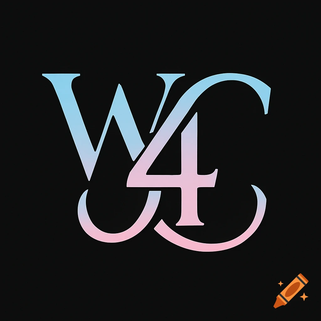 Stylish monogram with intertwined light blue W, pink C, and a blue-pink gradient number 4 in the center on a black background.