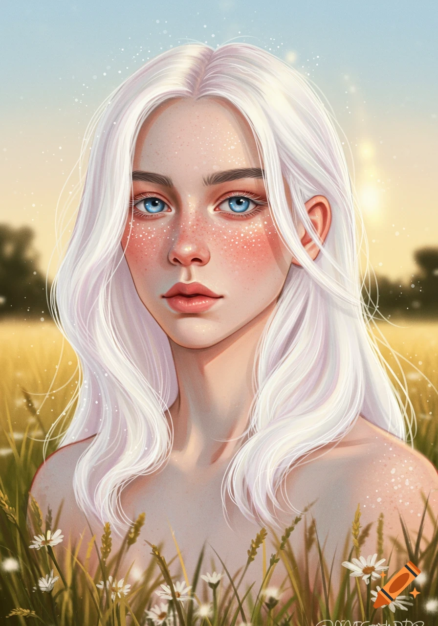 Digital painting of a fair-skinned woman with long white hair, blue eyes, and freckles, surrounded by wildflowers in a sunlit field.