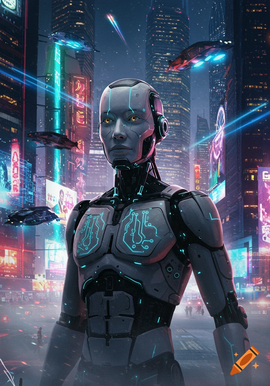 A stoic humanoid robot with glowing yellow eyes and circuits stands in a neon-lit futuristic city with flying vehicles.