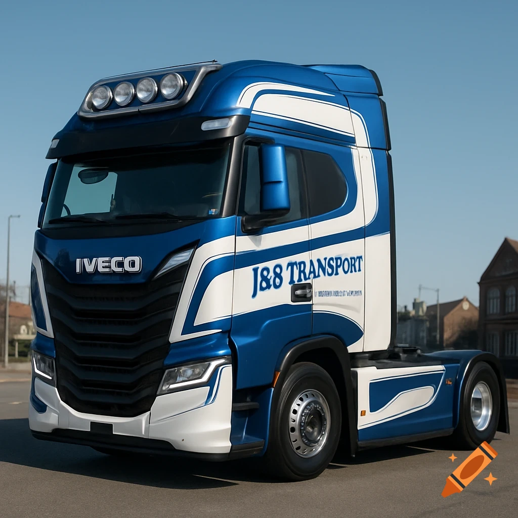 A photorealistic blue and white Iveco S-Way 570 truck with 'J&8 TRANSPORT' on its side, parked on a street.