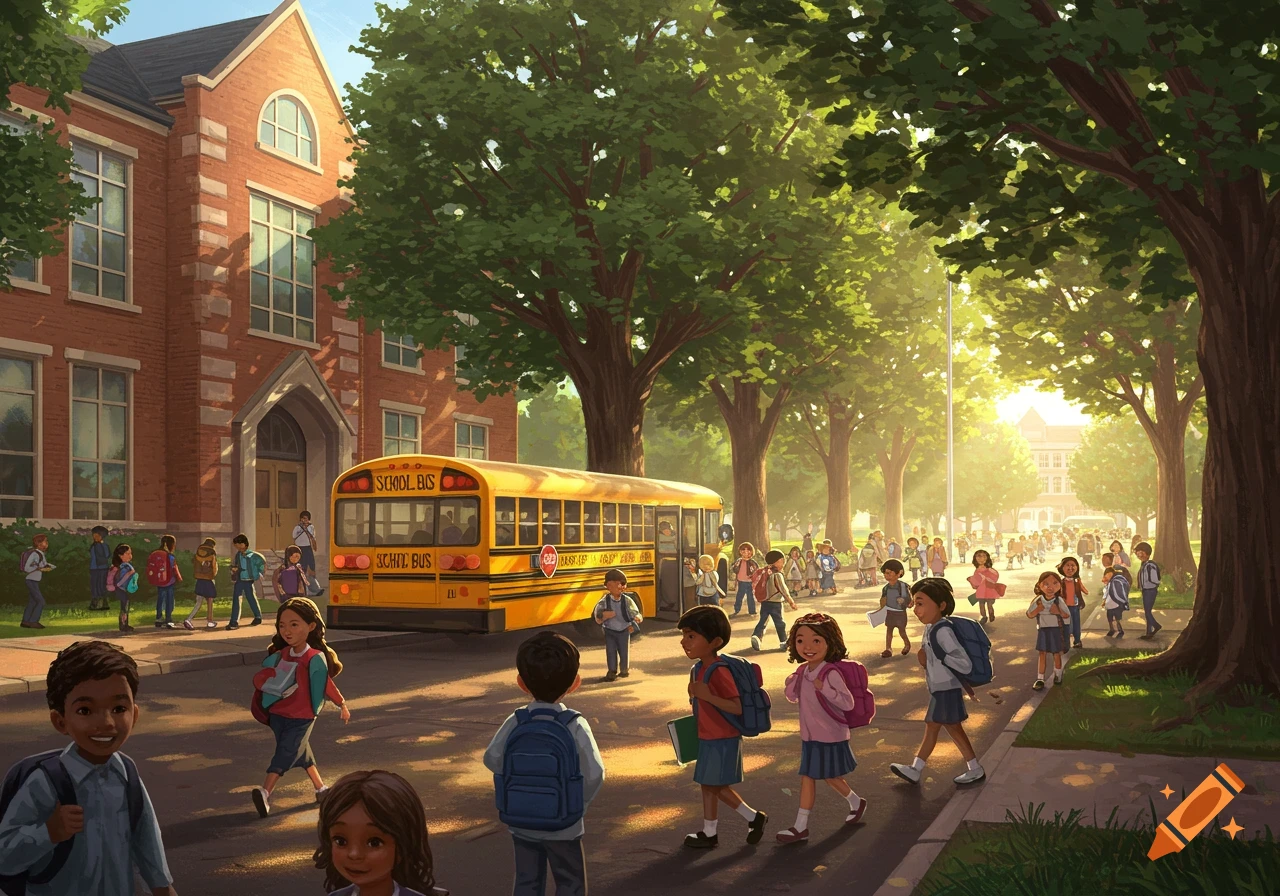 Students arrive at a red brick school building, with a yellow school bus parked in front. Children with backpacks walk on the street and sidewalk under sun-dappled trees.