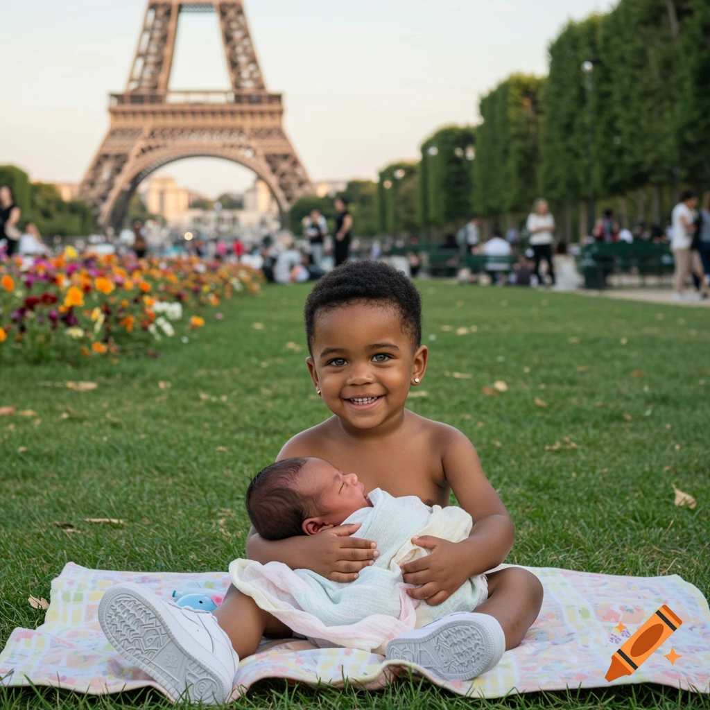 A smiling boy with green eyes and dark skin holds a swaddled newborn baby, sitting on a blanket in front of the Eiffel Tower.