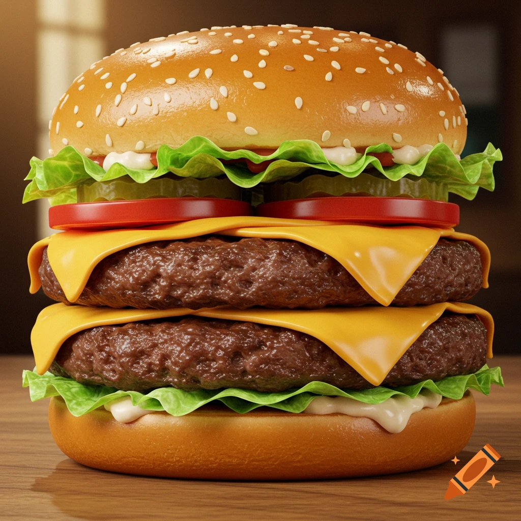 Photorealistic double cheeseburger with sesame bun, two patties, melted cheese, lettuce, tomato, and pickles.