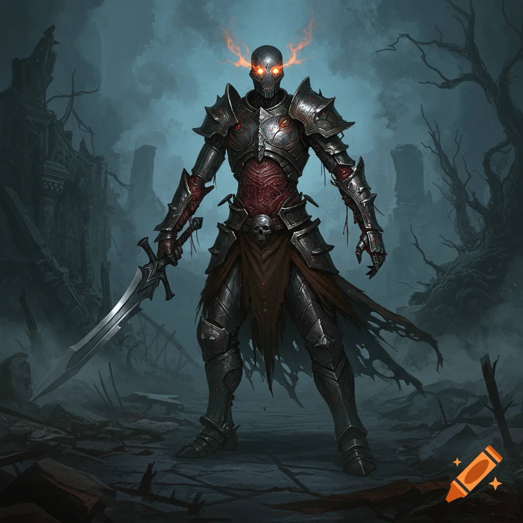 A menacing armored warrior with glowing red eyes and exposed red flesh, wielding a large sword in a desolate, ruined landscape. Dark fantasy art style.