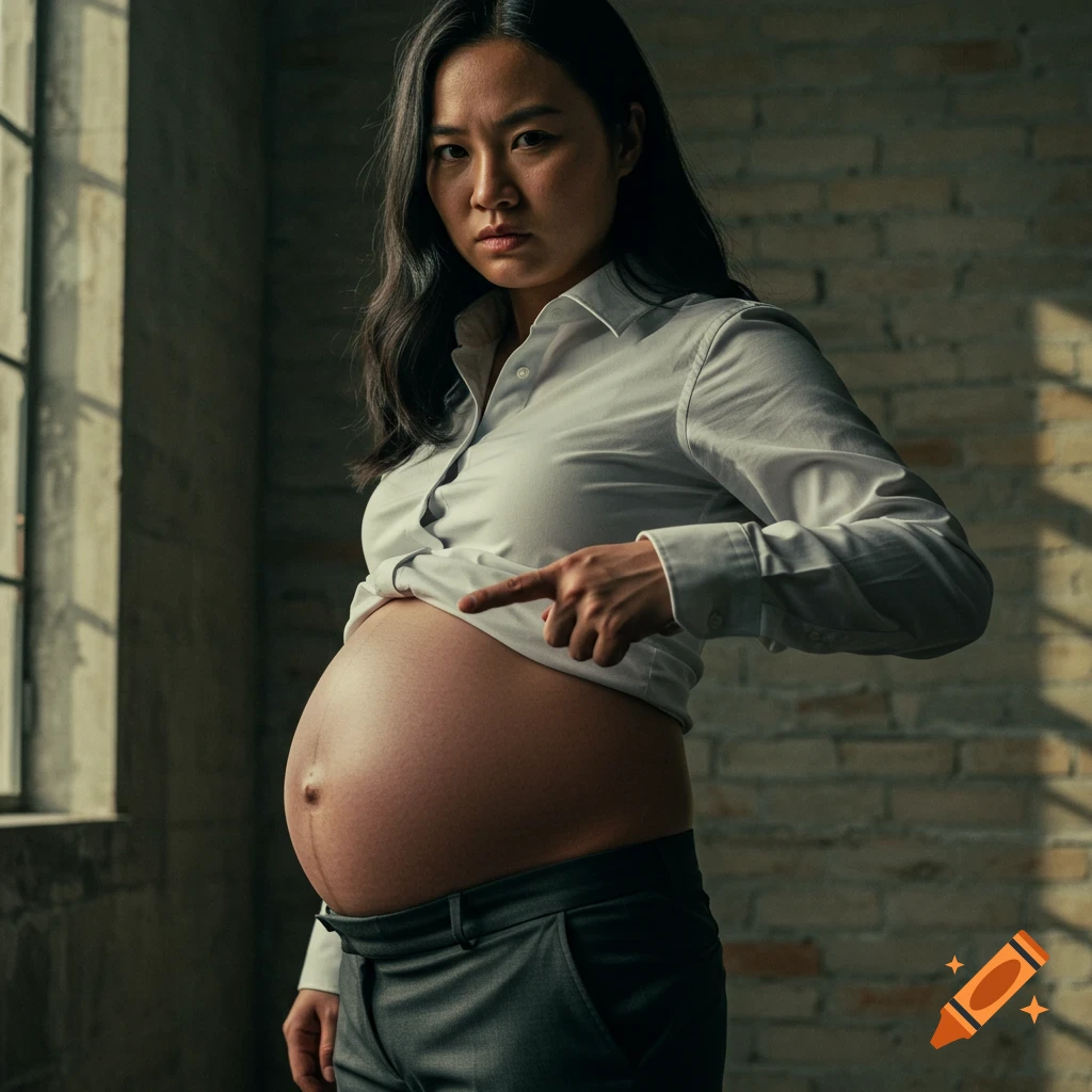 Photorealistic image of an angry pregnant Asian woman in a white shirt and grey pants, pointing to her bare belly.