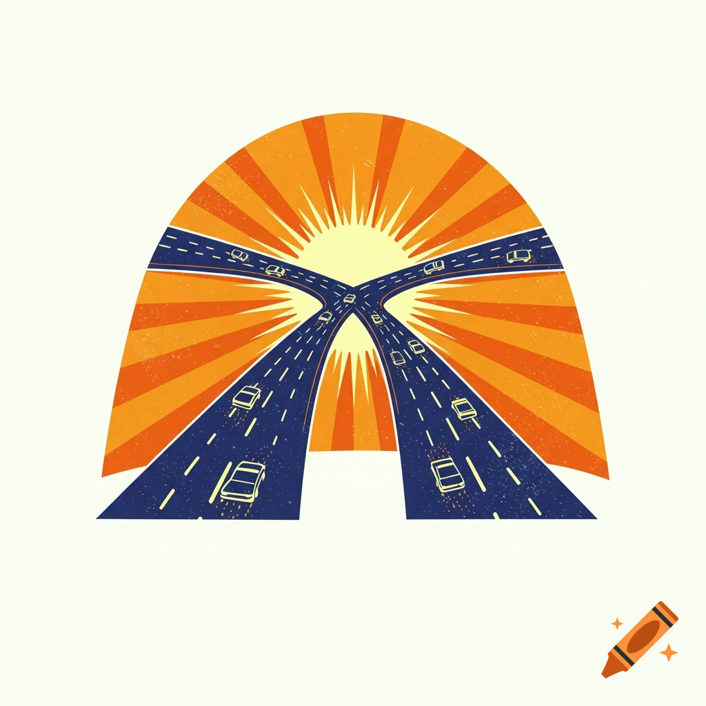 Graphic illustration of a vibrant yellow sun with orange rays, featuring blue roads with cars merging over it.