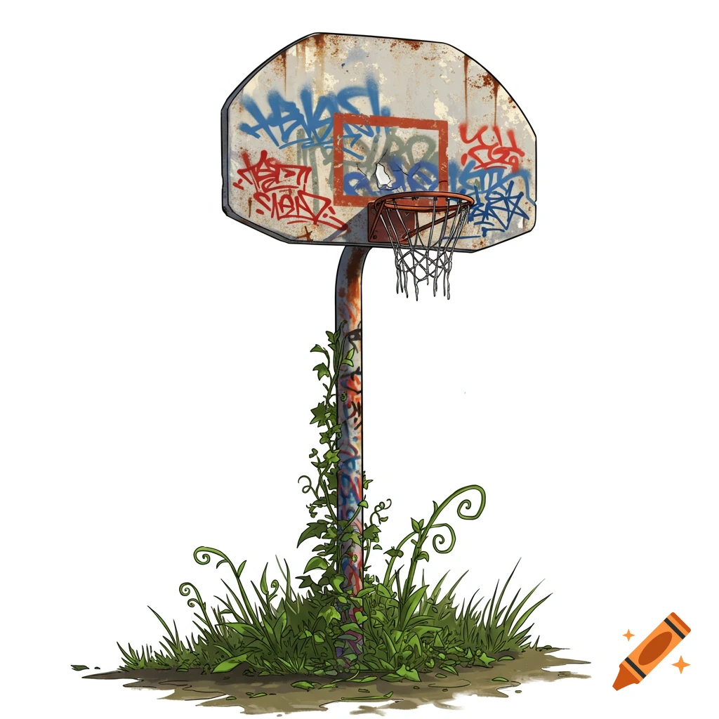 An old, rusty basketball hoop with a white backboard covered in red and blue graffiti tags, isolated on a white background. Vines and green plants grow around the base of the pole, with loose grass and dirt around them. The style is a clean illustration with outlined elements.