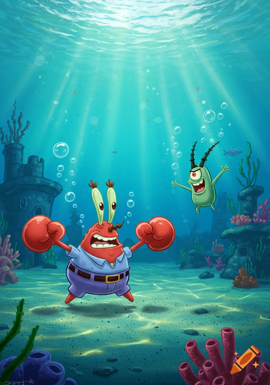 Mr. Krabs with wide arms and open mouth confronts a gleeful Plankton underwater in a cartoon style.