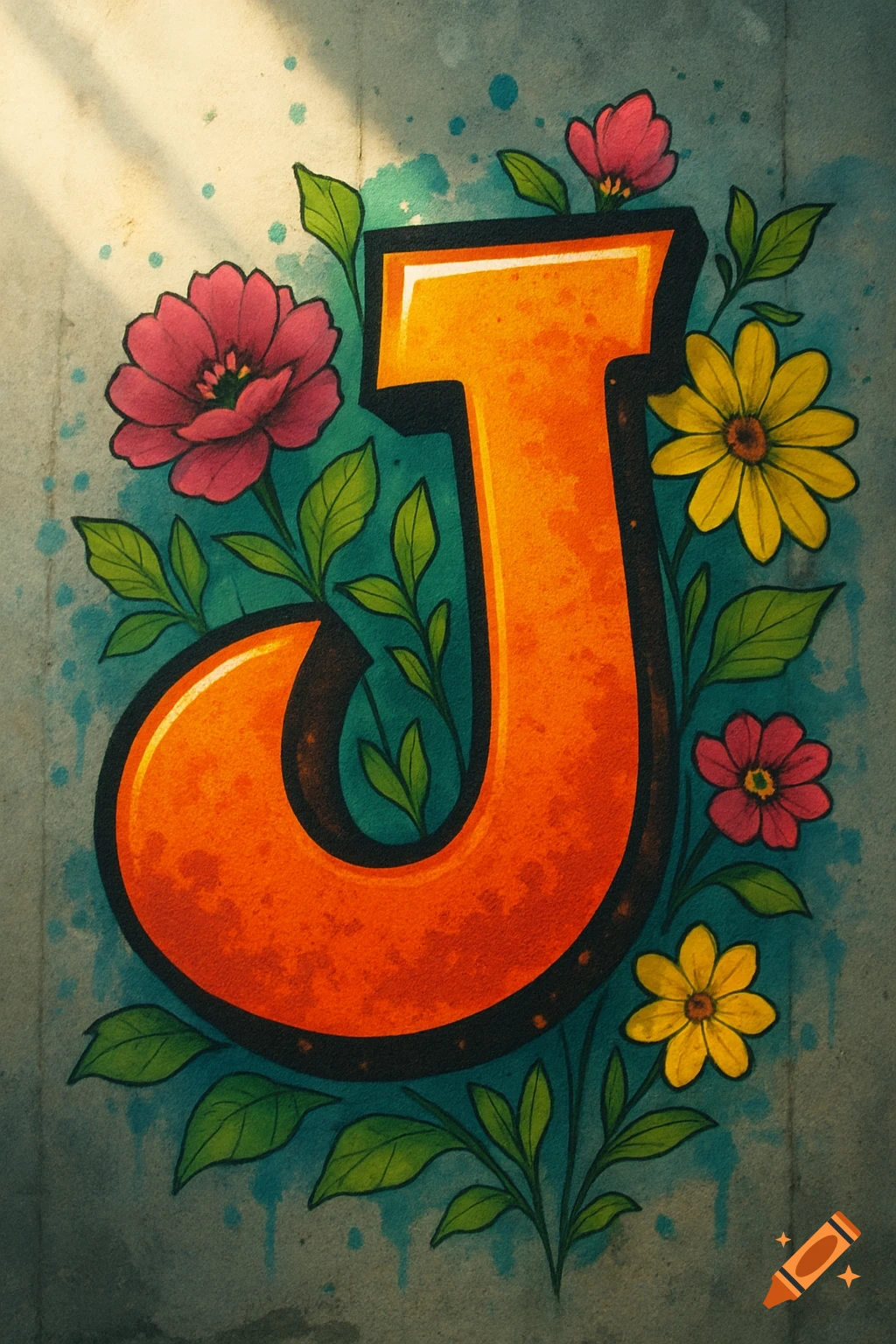 A vibrant orange graffiti letter J adorned with red and yellow flowers and green leaves, painted on a textured concrete wall.