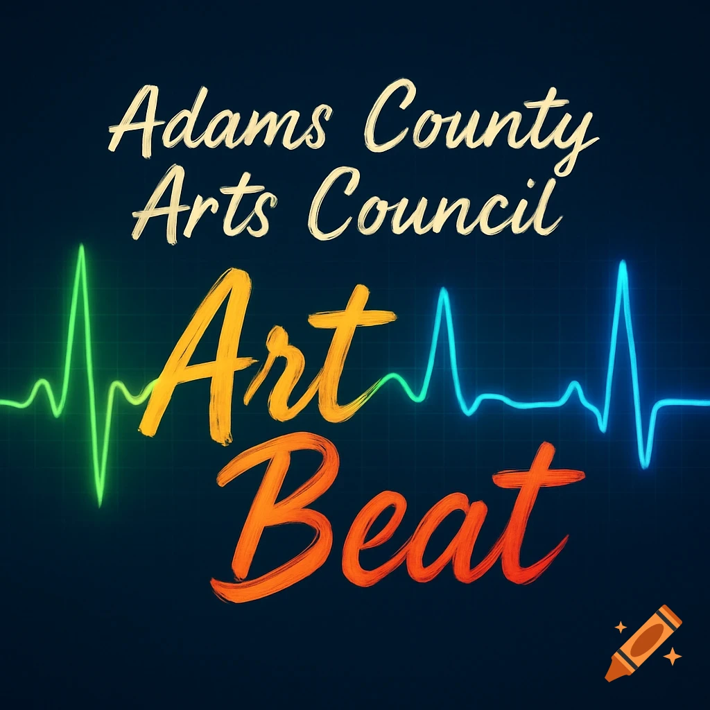 Logo for 'Adams County Arts Council Art Beat' with brushstroke text over a colorful heart monitor line.