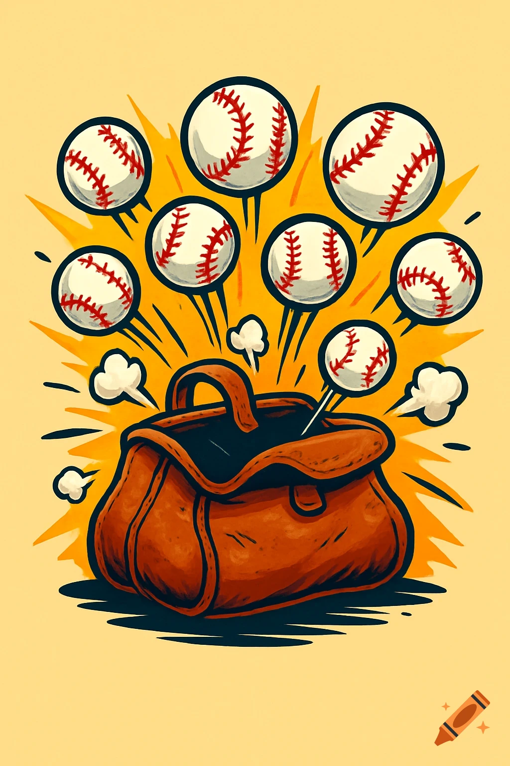 Cartoonist style illustration of multiple baseballs bursting out of a brown sports bag on a yellow background.