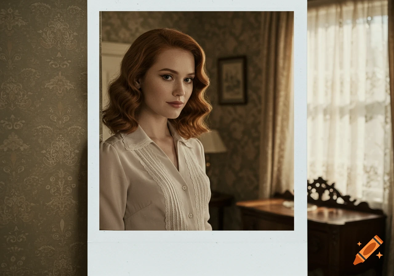 A red-haired woman in a vintage blouse looking at the camera, framed as an old polaroid photo.