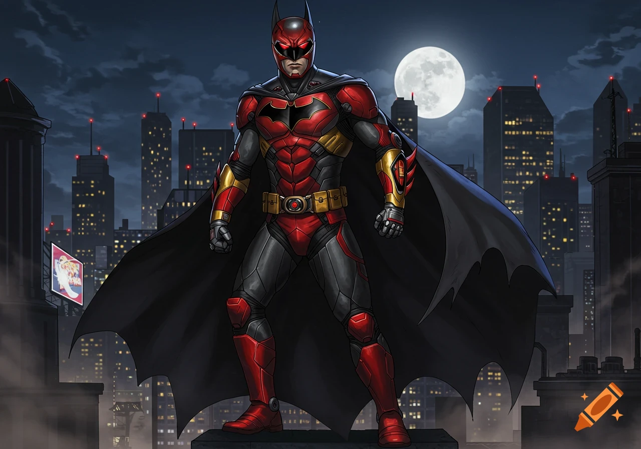 Comic art of Batman in a red and black Power Ranger suit on a city rooftop at night with a full moon.