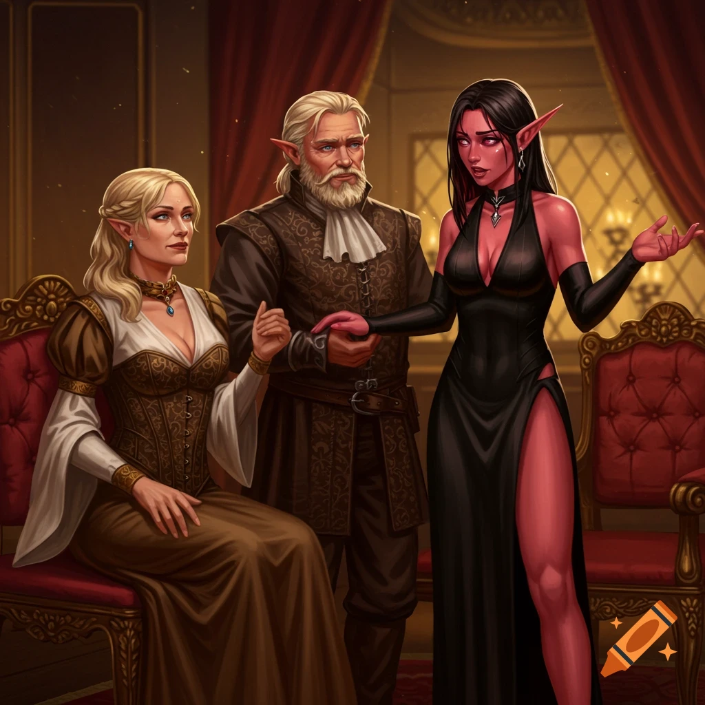 A red-skinned elf in a black dress holds hands with a human man, while a human woman sits, in a richly decorated fantasy room. Digital art.