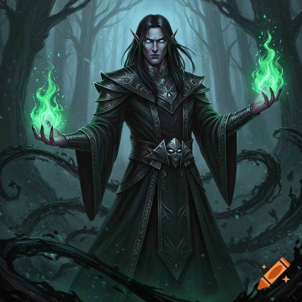A sinister male elf warlock in black robes and armor, casting green magic in a dark, spooky forest.