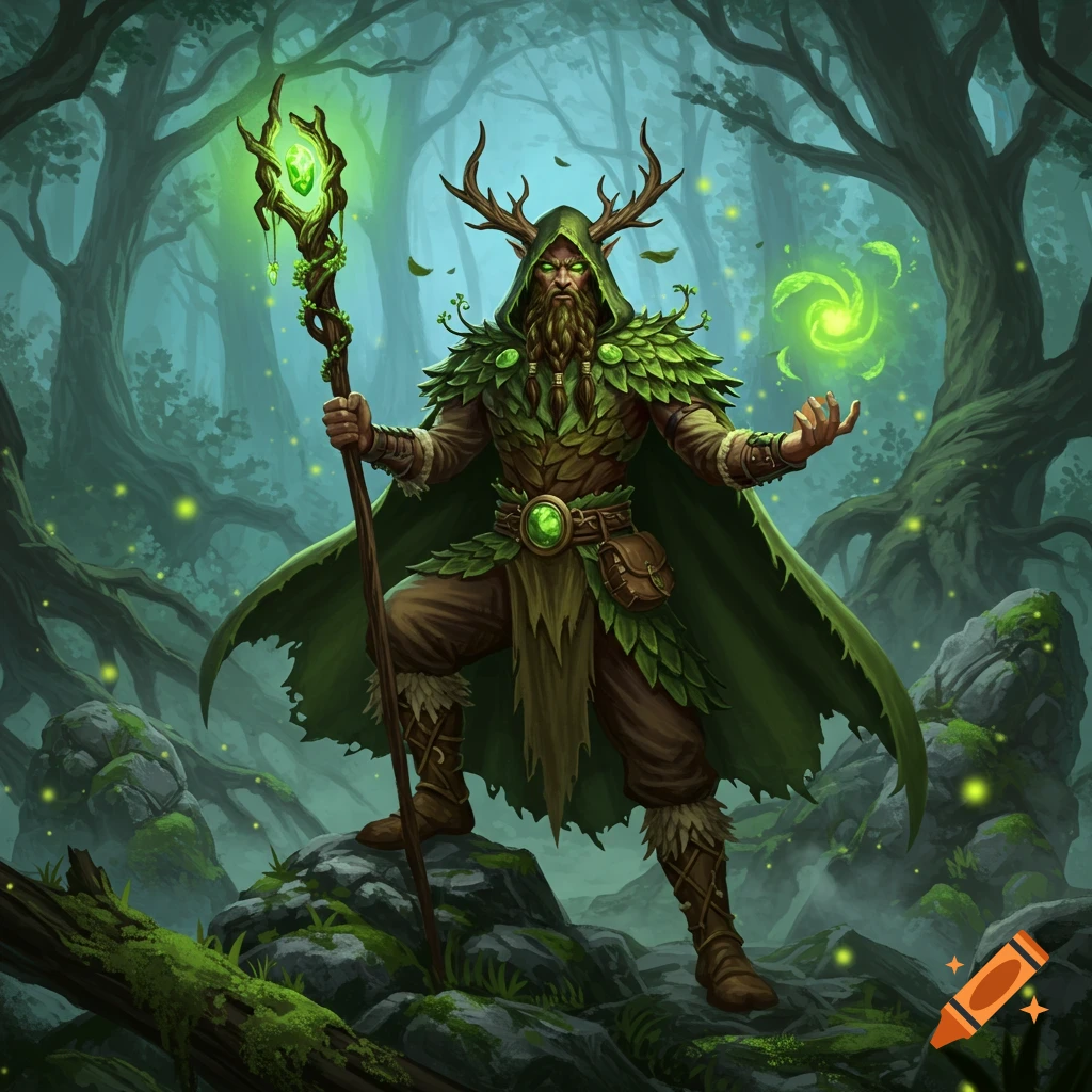 A bearded druid warrior with antlers and leafy armor stands in a mystical forest, holding a glowing staff and casting green magic.